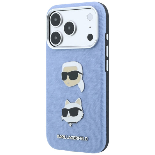 Capa para Apple iPhone 18 Pro / 17 Pro, Karl Lagerfeld, Saffiano com alfinete da cabeça de Karl e Choupette e logótipo, azul