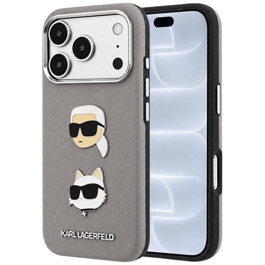 Capa para Apple iPhone 18 Pro / 17 Pro, Karl Lagerfeld, Saffiano com alfinete das cabeças de Karl e Choupette e logótipo, cinzenta