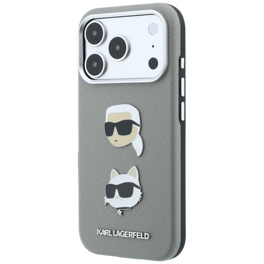 Capa para Apple iPhone 18 Pro / 17 Pro, Karl Lagerfeld, Saffiano com alfinete das cabeças de Karl e Choupette e logótipo, cinzenta