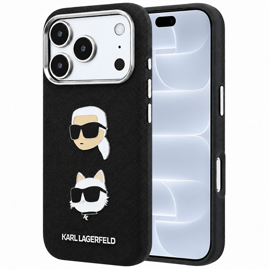 Capa para Apple iPhone 18 Pro / 17 Pro, Karl Lagerfeld, Saffiano com alfinete com as cabeças de Karl e Choupette e logótipo, preta