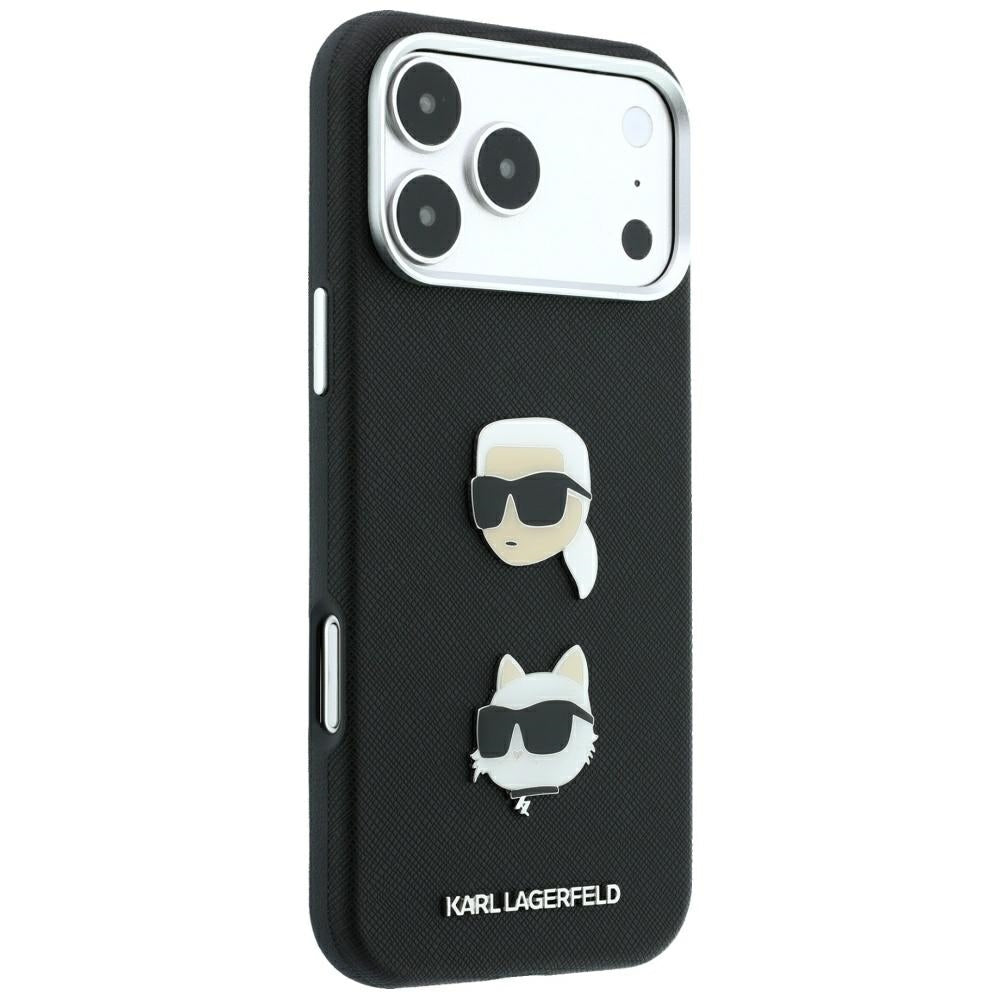 Capa para Apple iPhone 18 Pro / 17 Pro, Karl Lagerfeld, Saffiano com alfinete com as cabeças de Karl e Choupette e logótipo, preta