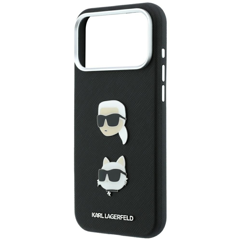Capa para Apple iPhone 18 Pro / 17 Pro, Karl Lagerfeld, Saffiano com alfinete com as cabeças de Karl e Choupette e logótipo, preta
