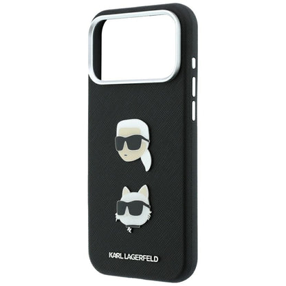 Capa para Apple iPhone 18 Pro / 17 Pro, Karl Lagerfeld, Saffiano com alfinete com as cabeças de Karl e Choupette e logótipo, preta