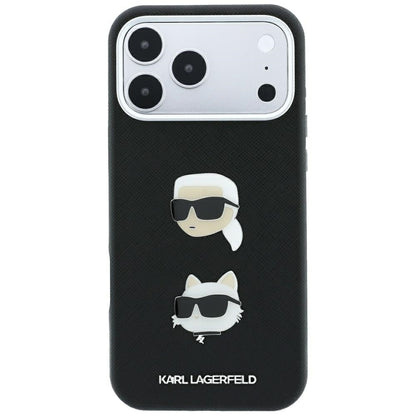 Capa para Apple iPhone 18 Pro / 17 Pro, Karl Lagerfeld, Saffiano com alfinete com as cabeças de Karl e Choupette e logótipo, preta