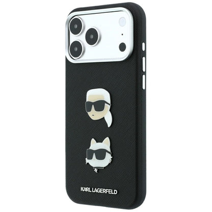 Capa para Apple iPhone 18 Pro / 17 Pro, Karl Lagerfeld, Saffiano com alfinete com as cabeças de Karl e Choupette e logótipo, preta