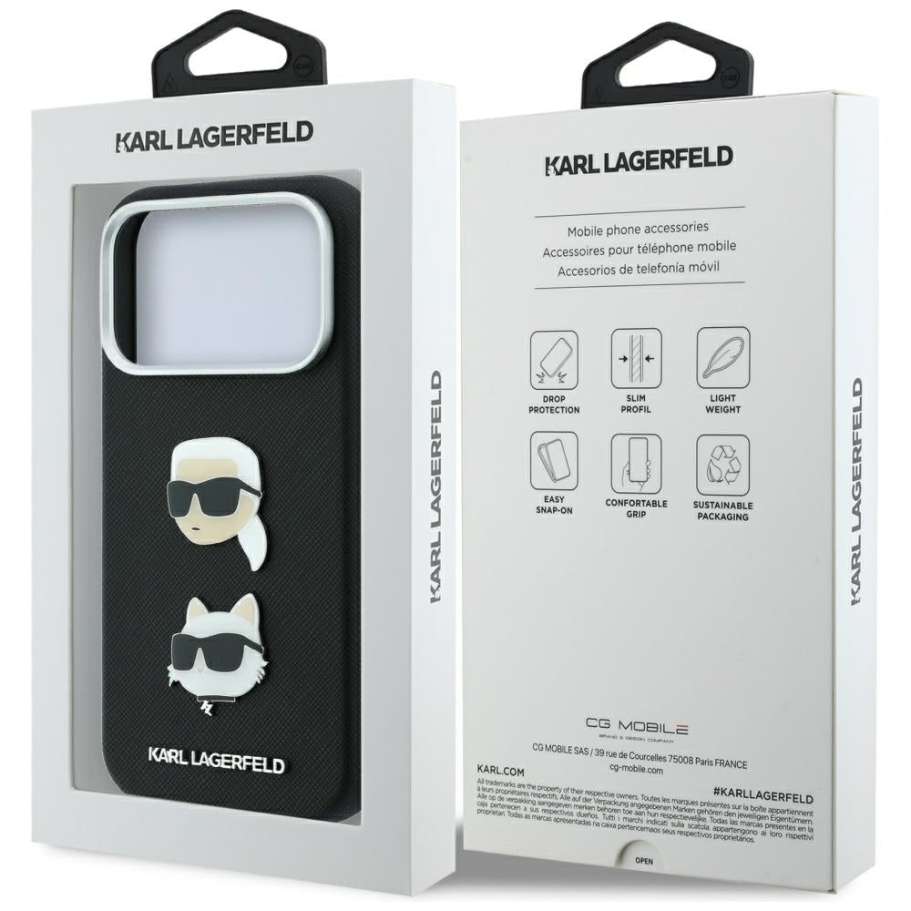 Capa para Apple iPhone 18 Pro / 17 Pro, Karl Lagerfeld, Saffiano com alfinete com as cabeças de Karl e Choupette e logótipo, preta