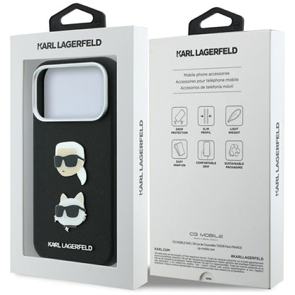 Capa para Apple iPhone 18 Pro / 17 Pro, Karl Lagerfeld, Saffiano com alfinete com as cabeças de Karl e Choupette e logótipo, preta