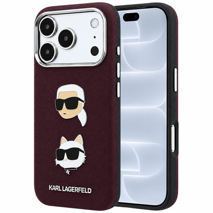 Case for Apple iPhone 18 Pro / 17 Pro, Karl Lagerfeld, Saffiano with Karl & Choupette Head's Pin and Logo, Burgundy
