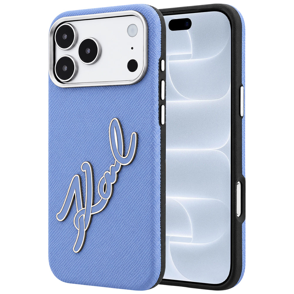 Capa para Apple iPhone 18 Pro / 17 Pro, Karl Lagerfeld, Logo Assinatura de Resina Lisa Grande, Azul