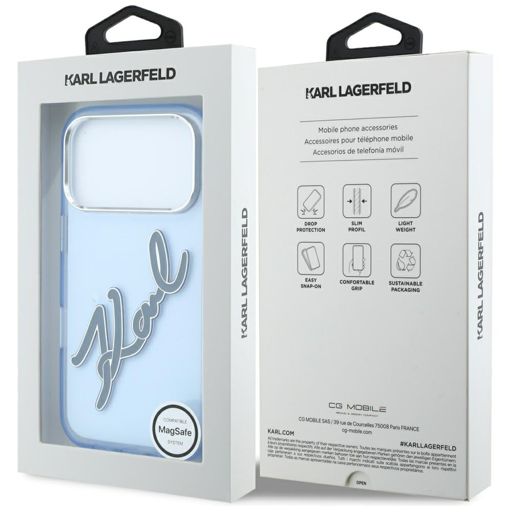 Capa para Apple iPhone 18 Pro Max / 17 Pro Max, Karl Lagerfeld, IML Big Signature Resin Logo Metal Frame, Azul