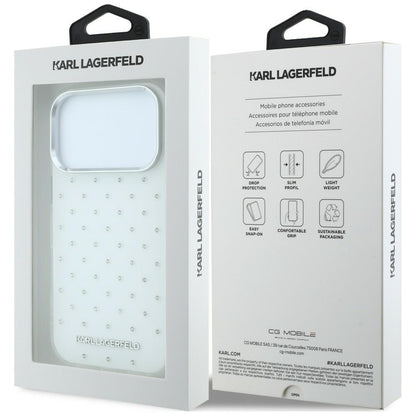 Capa para Apple iPhone 18 Pro Max / 17 Pro Max, Karl Lagerfeld, IML Strass e Logótipo Eletroplatinado, Branco