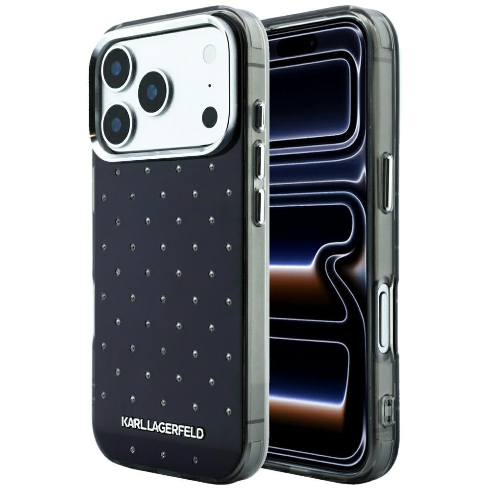 Capa para Apple iPhone 18 Pro Max / 17 Pro Max, Karl Lagerfeld, IML Strass e Logótipo Eletroplatinado, Preta