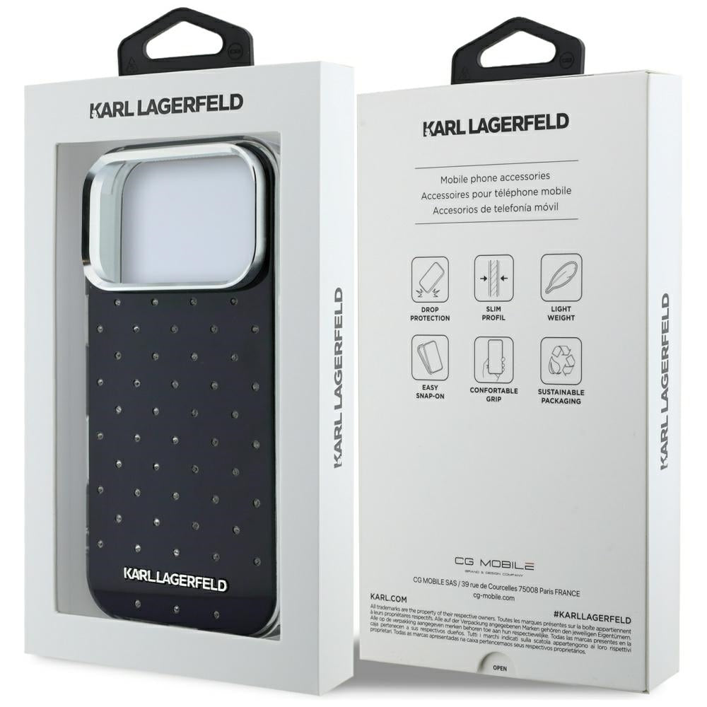 Capa para Apple iPhone 18 Pro Max / 17 Pro Max, Karl Lagerfeld, IML Strass e Logótipo Eletroplatinado, Preta