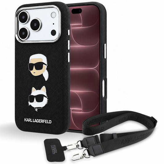 Capa para Apple iPhone 18 Pro Max / 17 Pro Max, Karl Lagerfeld, Saffiano Crossbody Karl & Choupette Head's Pins Logo, Preta