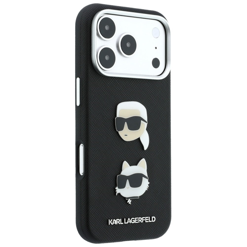 Case for Apple iPhone 18 Pro Max / 17 Pro Max, Karl Lagerfeld, Saffiano Crossbody Karl & Choupette Head's Pins Logo, Black