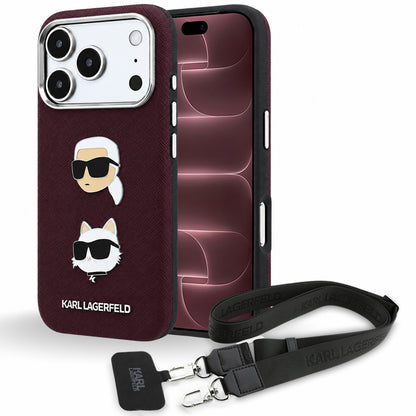 Capa para Apple iPhone 18 Pro Max / 17 Pro Max, Karl Lagerfeld, Saffiano Crossbody Karl & Choupette Head's Pins Logo, cor de vinho