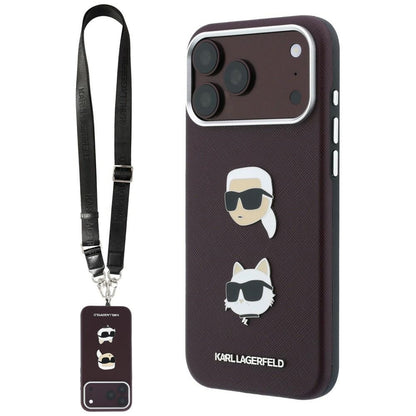 Capa para Apple iPhone 18 Pro Max / 17 Pro Max, Karl Lagerfeld, Saffiano Crossbody Karl & Choupette Head's Pins Logo, cor de vinho