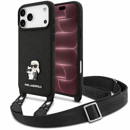 Capa para Apple iPhone 18 Pro Max / 17 Pro Max, Karl Lagerfeld, Saffiano Crossbody Metal Pin Karl & Choupette, Preta