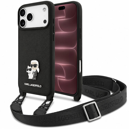Capa para Apple iPhone 18 Pro Max / 17 Pro Max, Karl Lagerfeld, Saffiano Crossbody Metal Pin Karl & Choupette, Preta