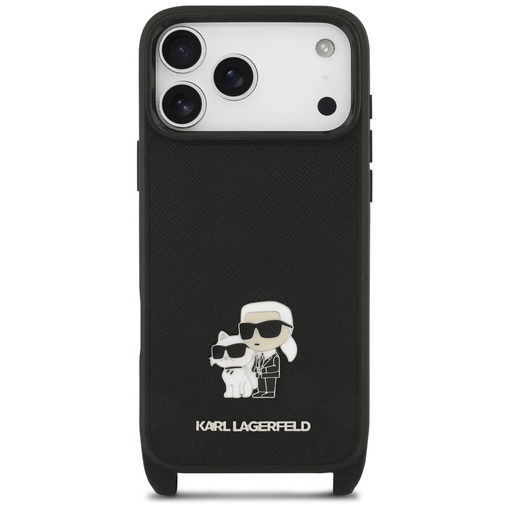Capa para Apple iPhone 18 Pro Max / 17 Pro Max, Karl Lagerfeld, Saffiano Crossbody Metal Pin Karl & Choupette, Preta