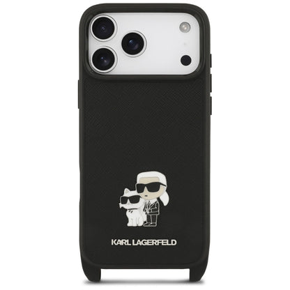 Capa para Apple iPhone 18 Pro Max / 17 Pro Max, Karl Lagerfeld, Saffiano Crossbody Metal Pin Karl & Choupette, Preta