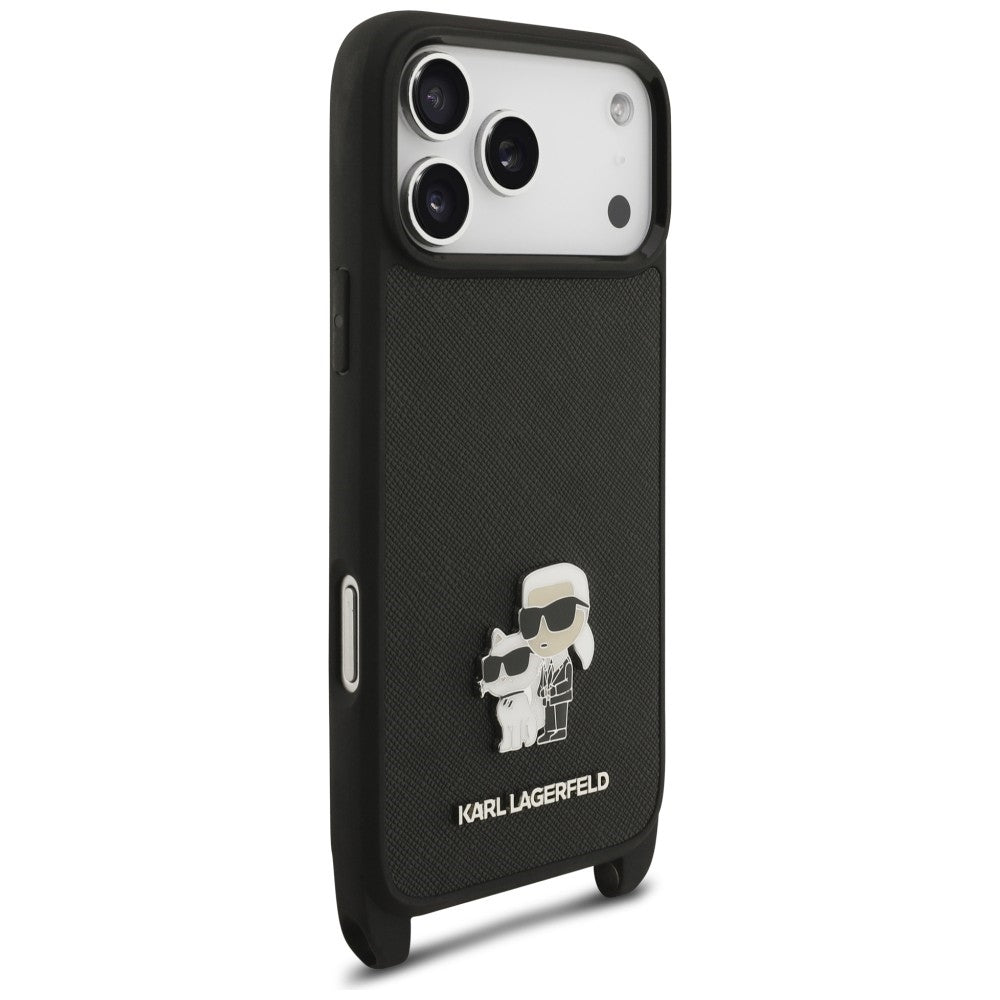 Capa para Apple iPhone 18 Pro Max / 17 Pro Max, Karl Lagerfeld, Saffiano Crossbody Metal Pin Karl & Choupette, Preta