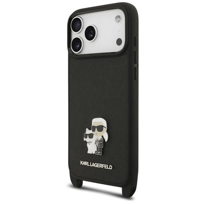 Capa para Apple iPhone 18 Pro Max / 17 Pro Max, Karl Lagerfeld, Saffiano Crossbody Metal Pin Karl & Choupette, Preta