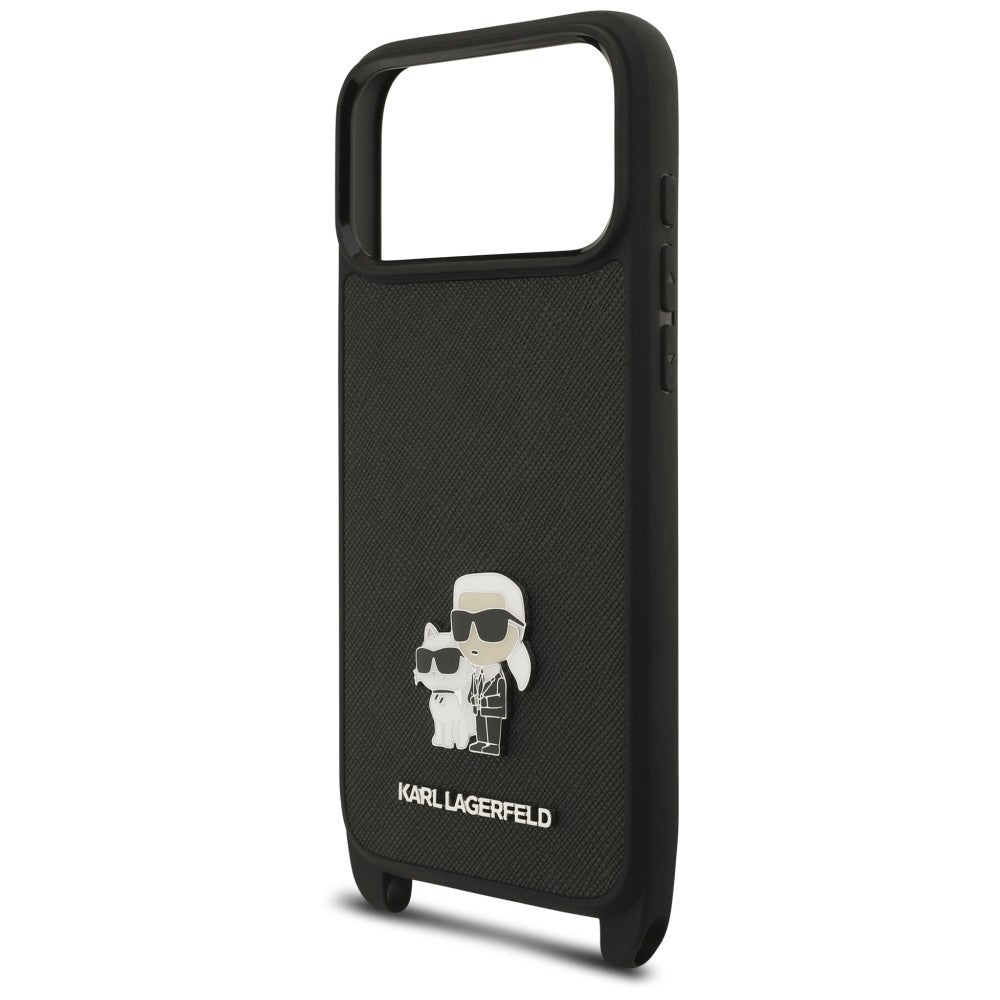 Capa para Apple iPhone 18 Pro Max / 17 Pro Max, Karl Lagerfeld, Saffiano Crossbody Metal Pin Karl & Choupette, Preta