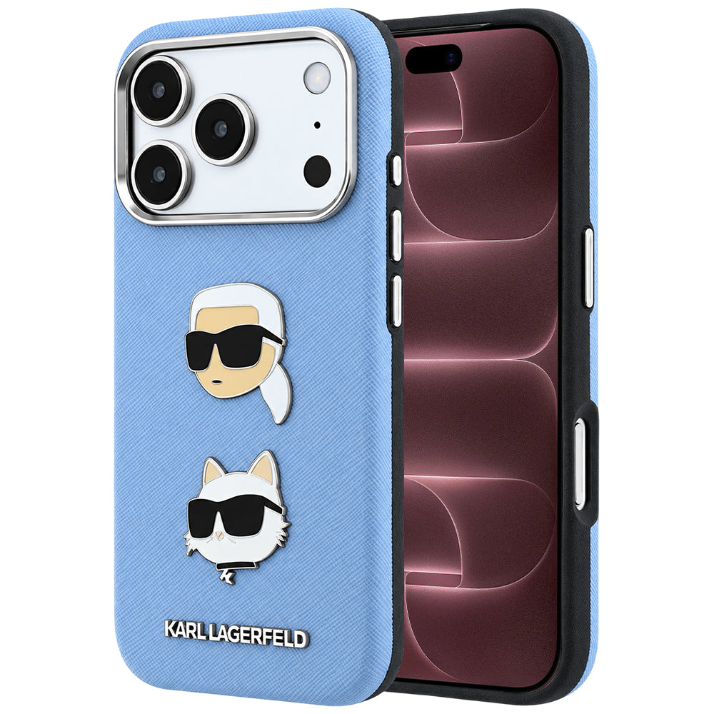 Capa para Apple iPhone 18 Pro Max / 17 Pro Max, Karl Lagerfeld, Saffiano com Pin da Cabeça de Karl & Choupette e Logótipo, Azul