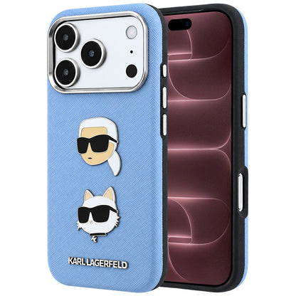 Capa para Apple iPhone 18 Pro Max / 17 Pro Max, Karl Lagerfeld, Saffiano com Pin da Cabeça de Karl & Choupette e Logótipo, Azul