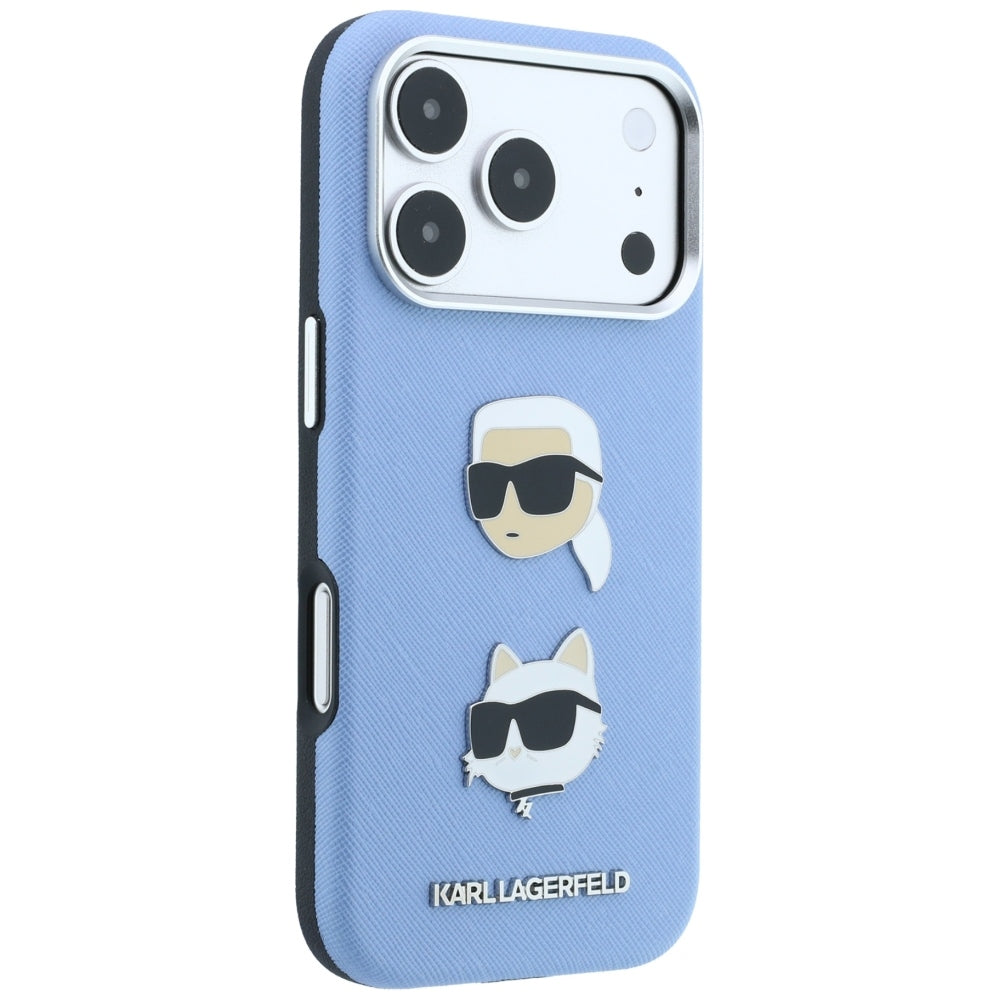 Capa para Apple iPhone 18 Pro Max / 17 Pro Max, Karl Lagerfeld, Saffiano com Pin da Cabeça de Karl & Choupette e Logótipo, Azul