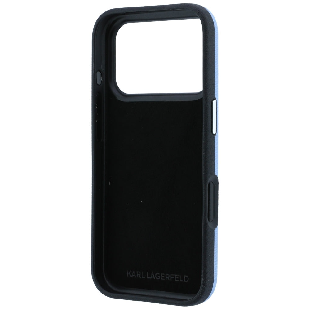 Capa para Apple iPhone 18 Pro Max / 17 Pro Max, Karl Lagerfeld, Saffiano com Pin da Cabeça de Karl & Choupette e Logótipo, Azul