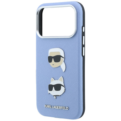 Capa para Apple iPhone 18 Pro Max / 17 Pro Max, Karl Lagerfeld, Saffiano com Pin da Cabeça de Karl & Choupette e Logótipo, Azul