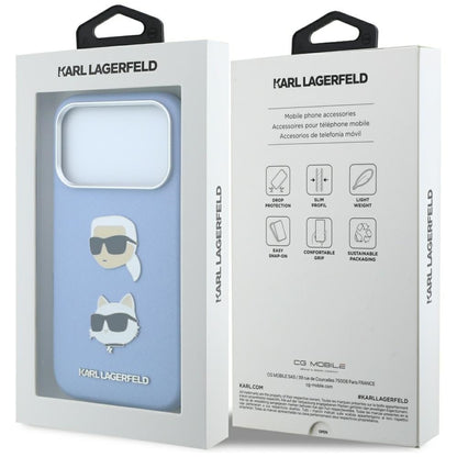 Capa para Apple iPhone 18 Pro Max / 17 Pro Max, Karl Lagerfeld, Saffiano com Pin da Cabeça de Karl & Choupette e Logótipo, Azul