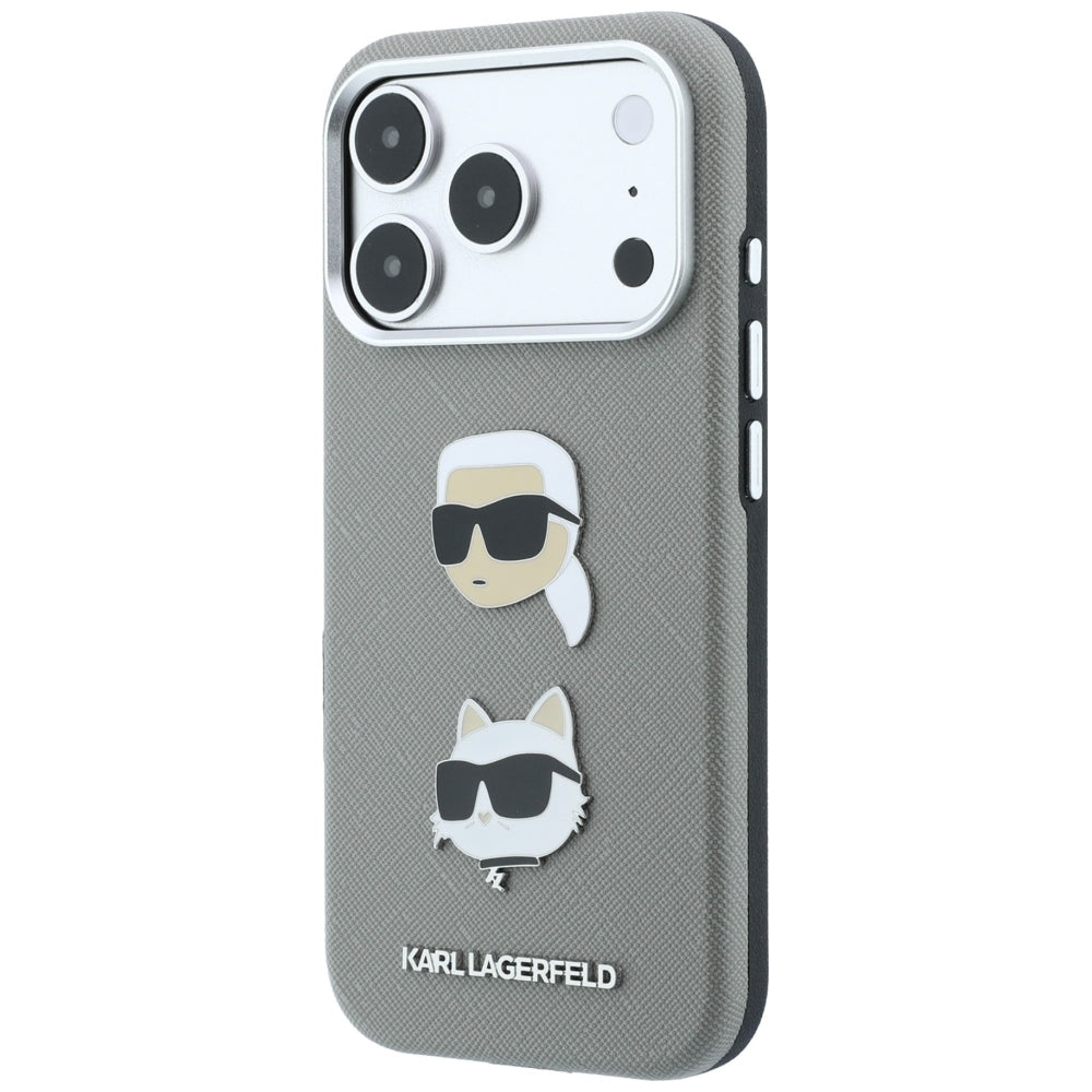Capa para Apple iPhone 18 Pro Max / 17 Pro Max, Karl Lagerfeld, Saffiano com alfinete das cabeças de Karl e Choupette e logótipo, cinzenta