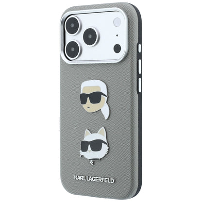 Capa para Apple iPhone 18 Pro Max / 17 Pro Max, Karl Lagerfeld, Saffiano com alfinete das cabeças de Karl e Choupette e logótipo, cinzenta