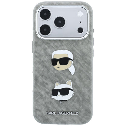 Capa para Apple iPhone 18 Pro Max / 17 Pro Max, Karl Lagerfeld, Saffiano com alfinete das cabeças de Karl e Choupette e logótipo, cinzenta