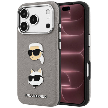 Capa para Apple iPhone 18 Pro Max / 17 Pro Max, Karl Lagerfeld, Saffiano com alfinete das cabeças de Karl e Choupette e logótipo, cinzenta