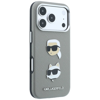 Capa para Apple iPhone 18 Pro Max / 17 Pro Max, Karl Lagerfeld, Saffiano com alfinete das cabeças de Karl e Choupette e logótipo, cinzenta
