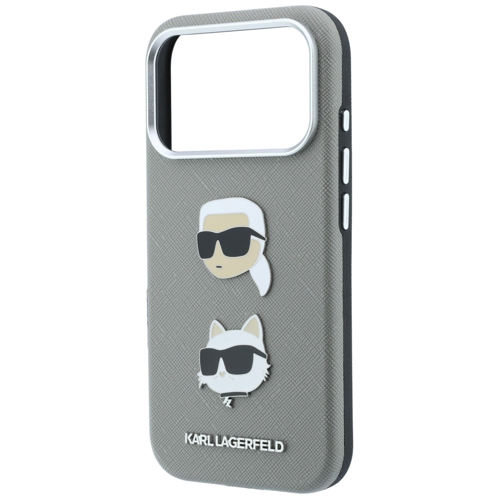 Capa para Apple iPhone 18 Pro Max / 17 Pro Max, Karl Lagerfeld, Saffiano com alfinete das cabeças de Karl e Choupette e logótipo, cinzenta