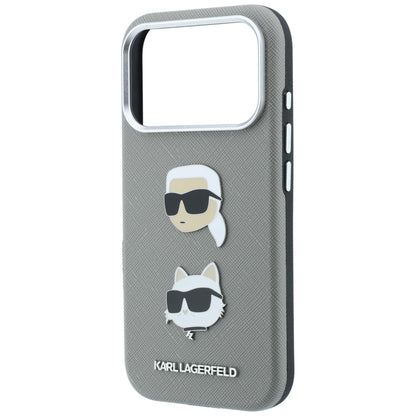 Capa para Apple iPhone 18 Pro Max / 17 Pro Max, Karl Lagerfeld, Saffiano com alfinete das cabeças de Karl e Choupette e logótipo, cinzenta