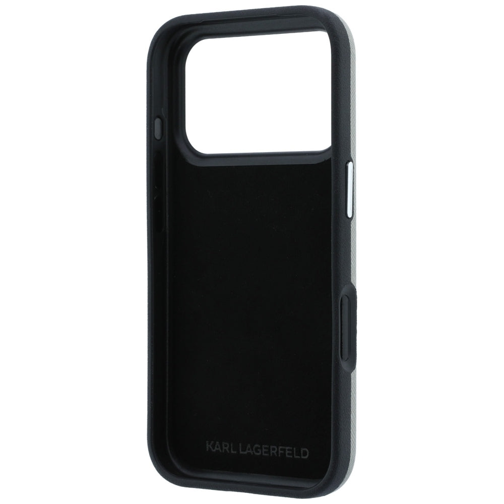 Capa para Apple iPhone 18 Pro Max / 17 Pro Max, Karl Lagerfeld, Saffiano com alfinete das cabeças de Karl e Choupette e logótipo, cinzenta