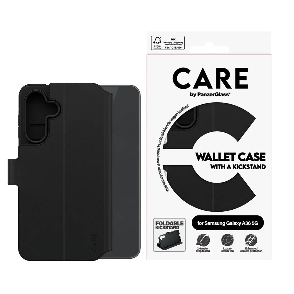 Capa para Samsung Galaxy A36 A366, PanzerGlass, com Suporte Kickstand Wallet, Preta