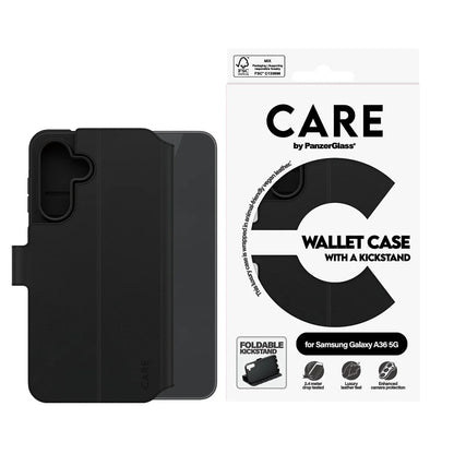 Capa para Samsung Galaxy A36 A366, PanzerGlass, com Suporte Kickstand Wallet, Preta