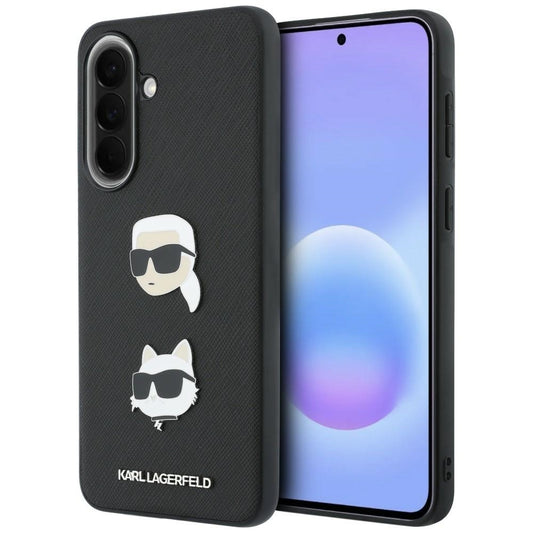 Capa para Samsung Galaxy A37 5G, Karl Lagerfeld, Pins e Logótipo das Cabeças Granuladas de Karl & Choupette, Preta