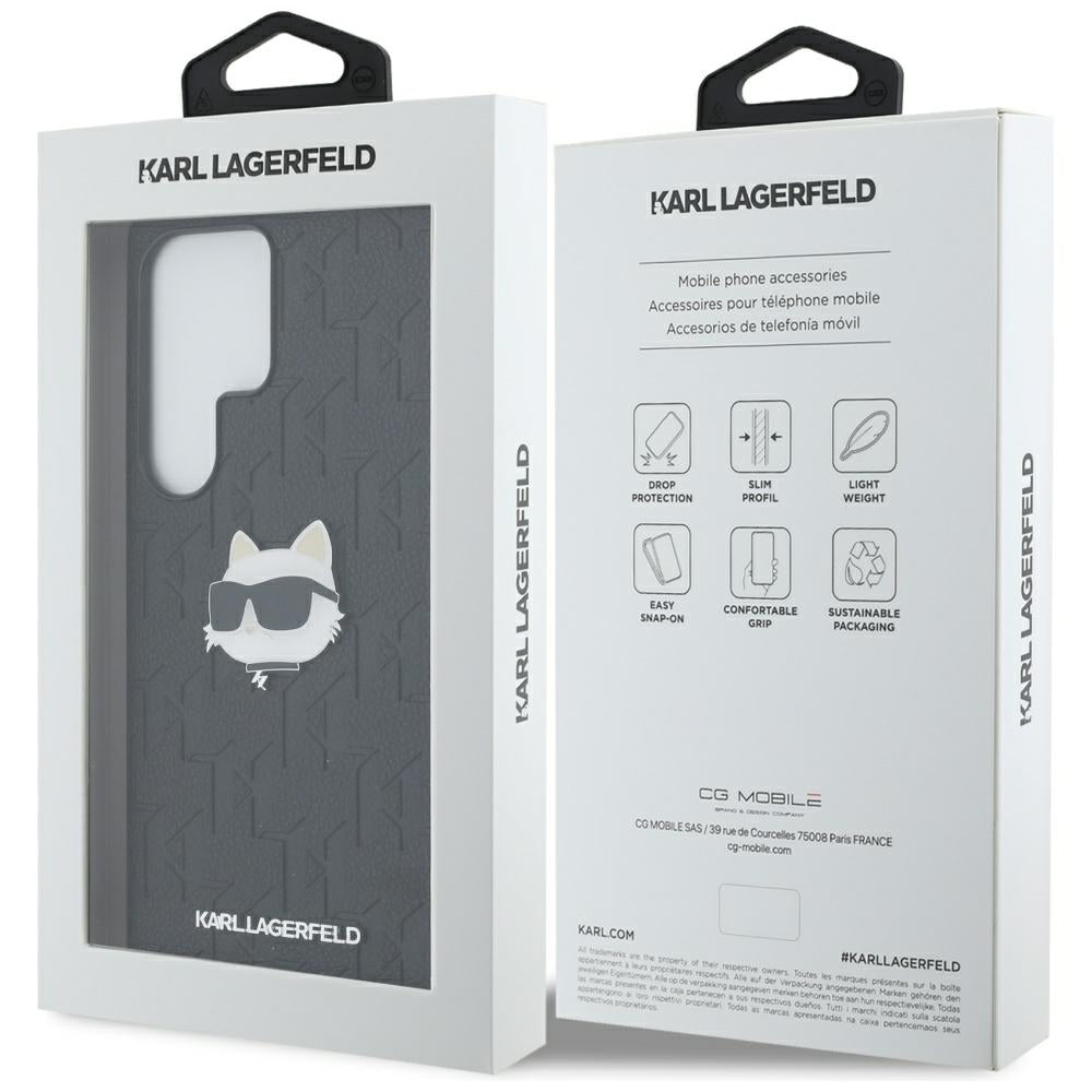 Capa para Samsung Galaxy S25 Ultra S938, Karl Lagerfeld, Monograma Cabeça de Choupette, Preta