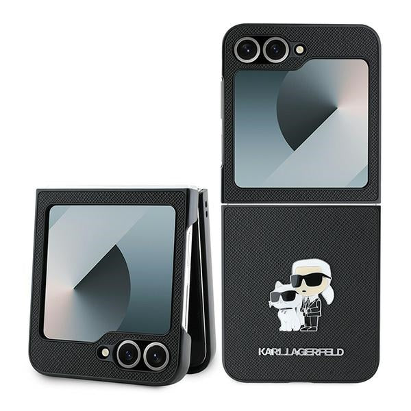 Capa para Samsung Galaxy Z Flip7 FE F761 / Z Flip6 F741, Karl Lagerfeld, Saffiano Karl & Choupette Metal, Preta.