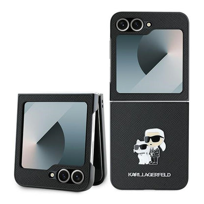 Capa para Samsung Galaxy Z Flip7 FE F761 / Z Flip6 F741, Karl Lagerfeld, Saffiano Karl & Choupette Metal, Preta.