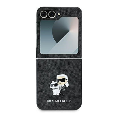 Capa para Samsung Galaxy Z Flip7 FE F761 / Z Flip6 F741, Karl Lagerfeld, Saffiano Karl & Choupette Metal, Preta.