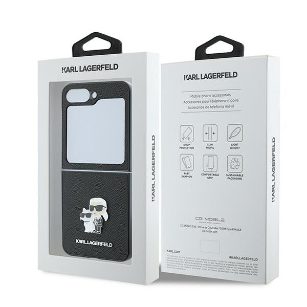 Capa para Samsung Galaxy Z Flip7 FE F761 / Z Flip6 F741, Karl Lagerfeld, Saffiano Karl & Choupette Metal, Preta.